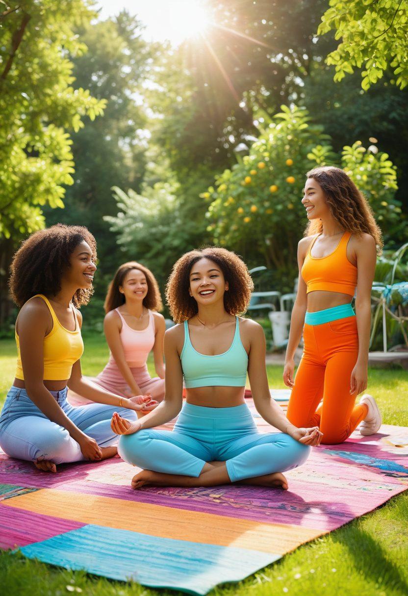 A vibrant and energetic composition showcasing a diverse group of teenagers enjoying life together, dressed in fashionable outfits that blend eclectic styles. Include elements of wellness like yoga mats and healthy snacks, surrounded by uplifting nature, like flowers and sunlight. The scene should radiate empowerment and confidence, capturing the essence of youth spirit in a lively, engaging atmosphere. bright colors. modern art. dynamic style.