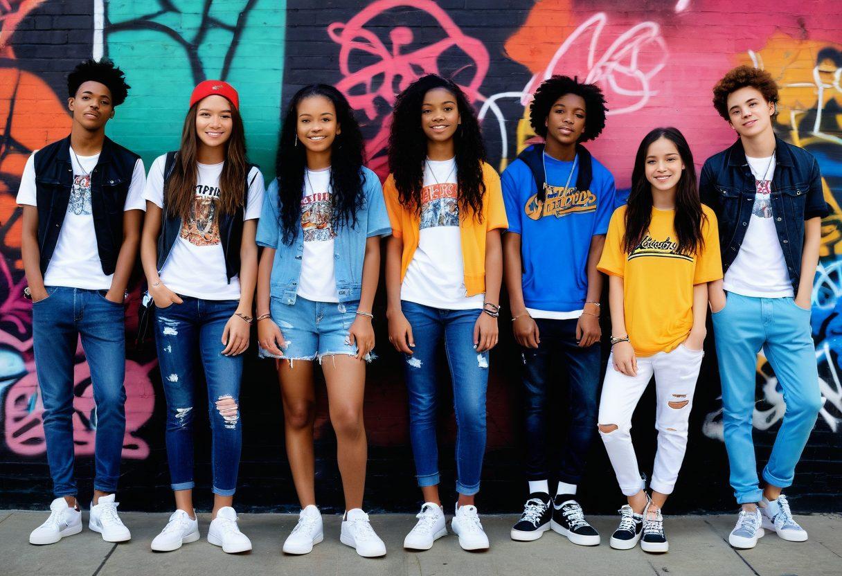 A dynamic collage showcasing diverse teen fashion styles, featuring vibrant outfits, trendy accessories, and stylish sneakers, set against a lively urban backdrop. Incorporate a group of teens of different ethnicities sharing fashion tips and posing confidently, with elements like skateboards and headphones highlighting a youthful lifestyle. The scene should be colorful and engaging, inviting viewers to explore trendsetting styles. vibrant colors. urban aesthetic. super-realistic.