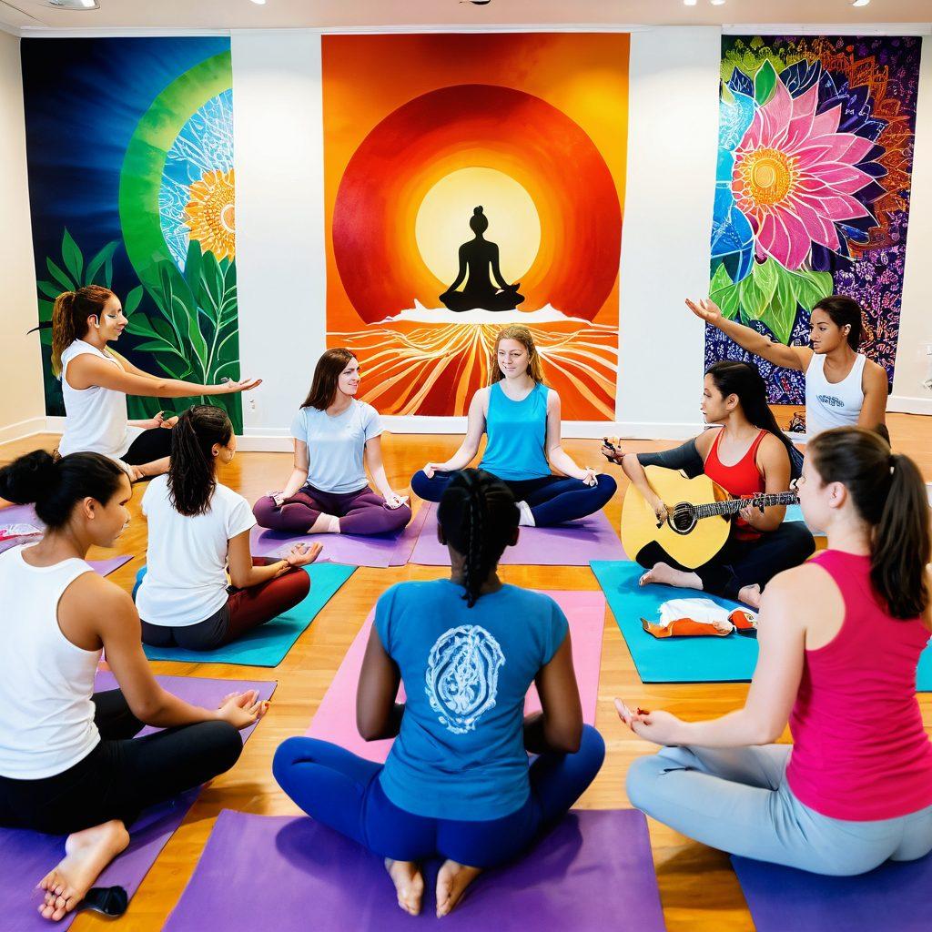 A vibrant scene depicting diverse teens engaging in various activities such as discussing social issues, practicing wellness like yoga and meditation, and enjoying hobbies like painting and music. The background should include symbols of community and collaboration, like a mural representing unity. Bright, uplifting colors to convey empowerment and positivity. super-realistic. vibrant colors. community theme.